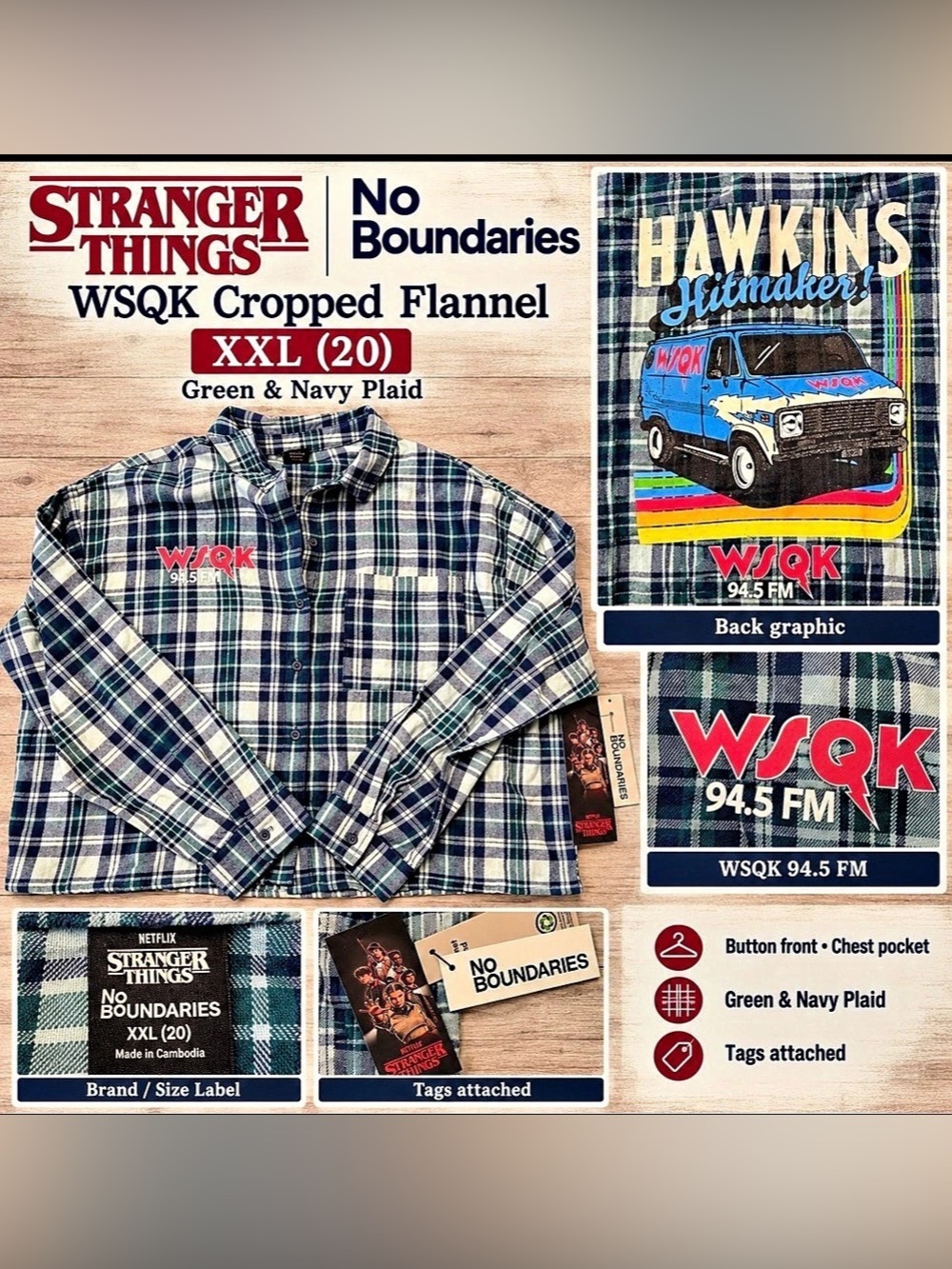 Stranger Things No Boundaries Cropped Flannel Cropped Flannel Green & Blue XXL N